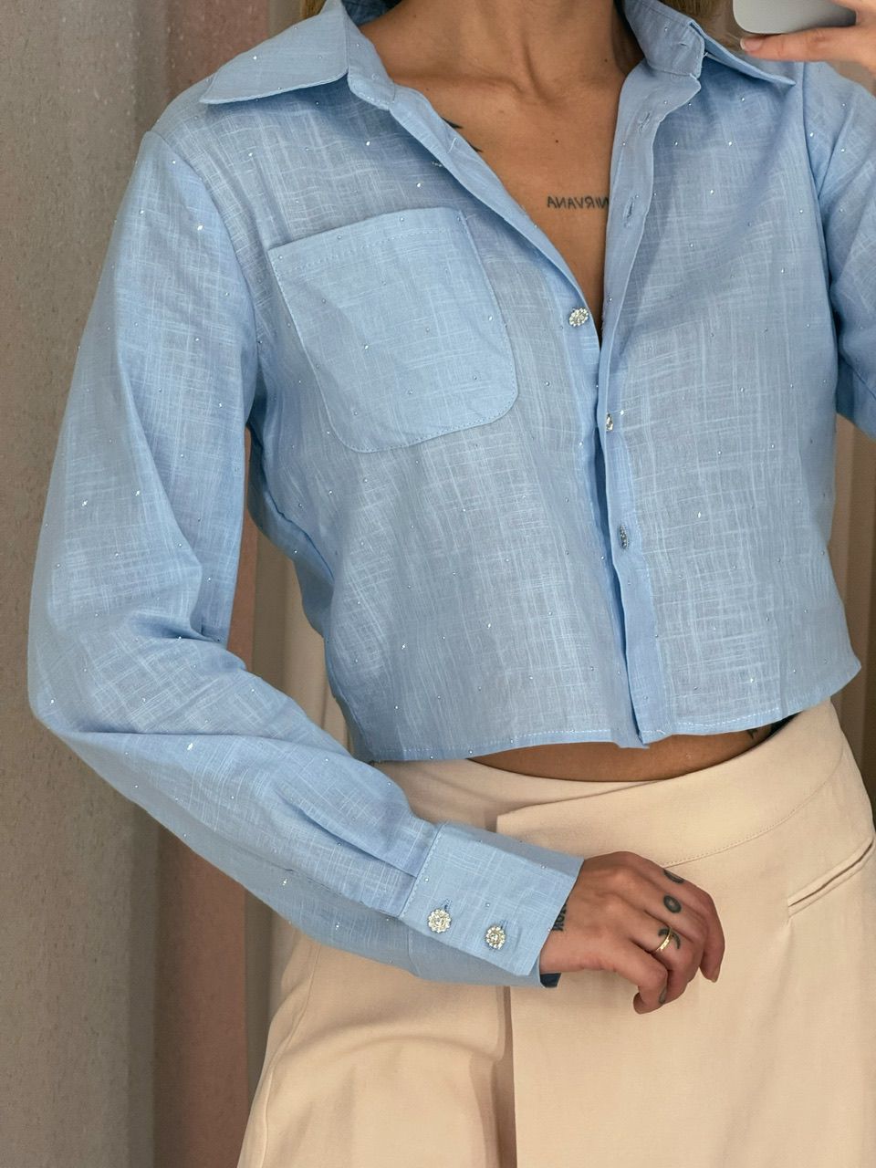 CAMISA BRILHO CROPPED AZUL