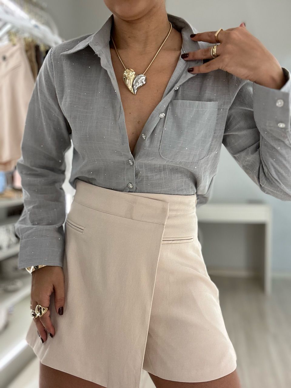 CAMISA BRILHO CROPPED CINZA