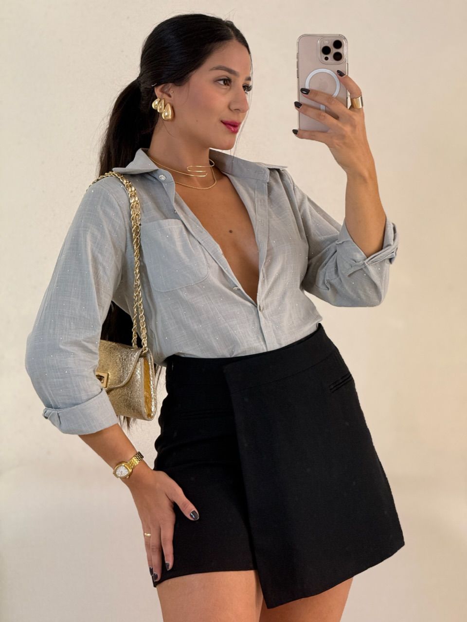 CAMISA BRILHO CROPPED CINZA - 0057280091 - CAROLLA FERRARO