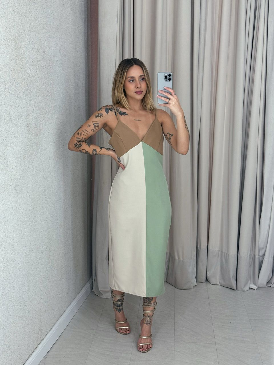 VESTIDO TACIANA ALÇA NUDE/VERDE