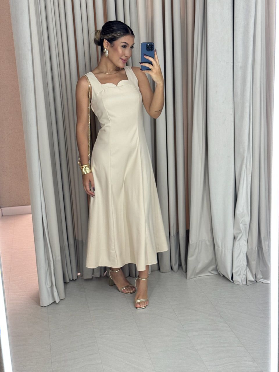 VESTIDO RAQUEL MIDI AREIA - 0061230110 - CAROLLA FERRARO