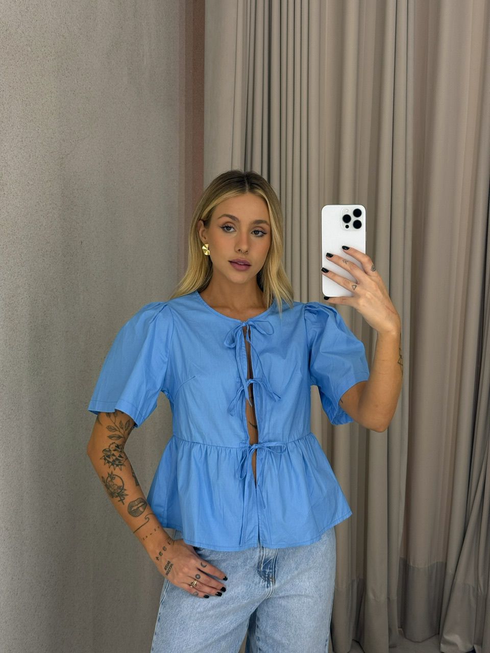 BLUSA PATRICIA MANGA AZUL - 0062100109 - CAROLLA FERRARO