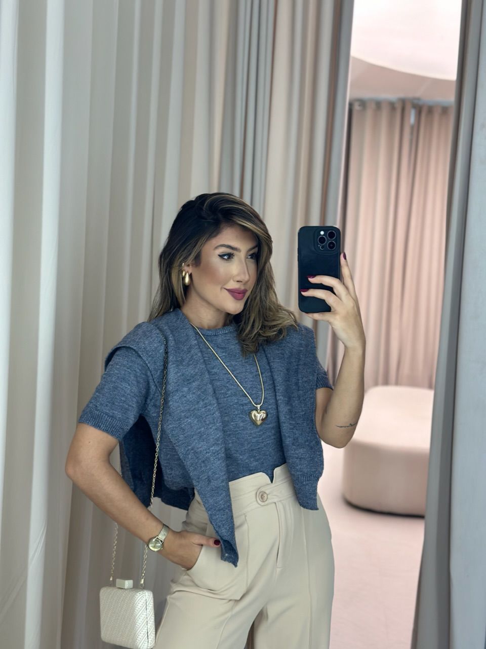 BLUSA TRICOT C/ SOBREPOSIÇÃO CINZA