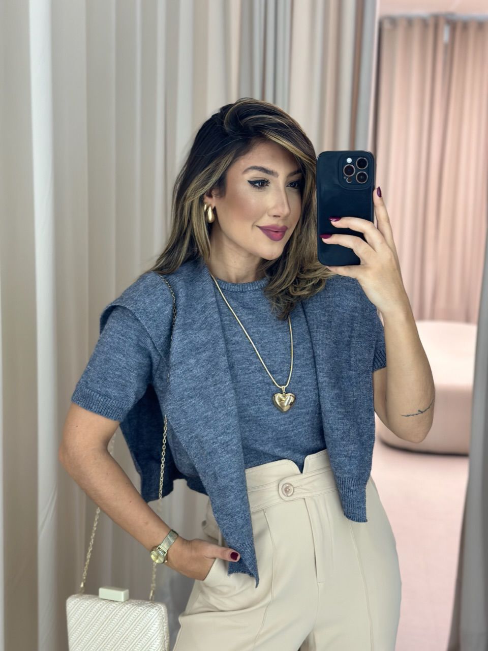 BLUSA TRICOT C/ SOBREPOSIÇÃO CINZA