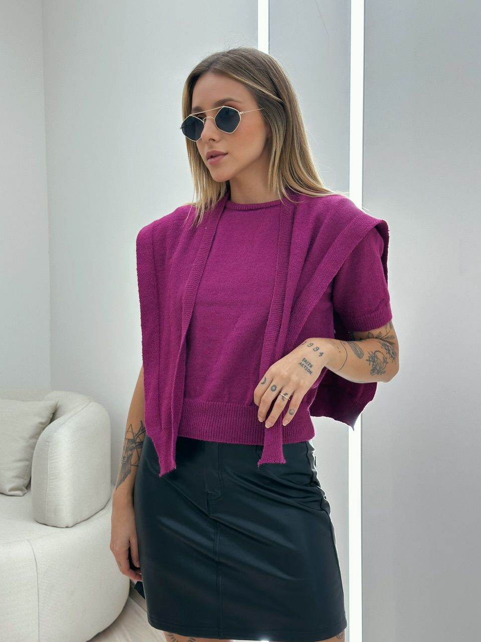 BLUSA TRICOT C/ SOBREPOSIÇÃO FUCSIA
