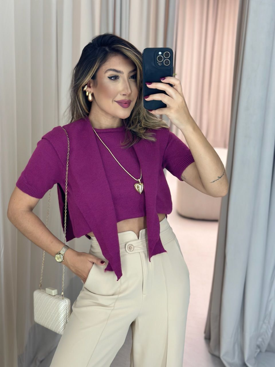 BLUSA TRICOT C/ SOBREPOSIÇÃO FUCSIA