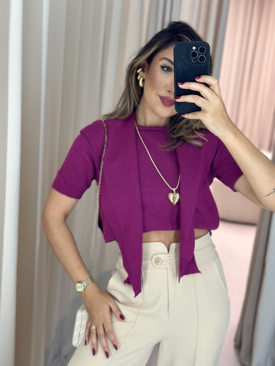 BLUSA TRICOT C/ SOBREPOSIÇÃO FUCSIA