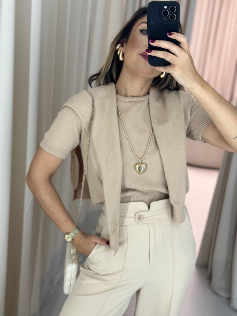 BLUSA TRICOT C/ SOBREPOSÇÃO NUDE