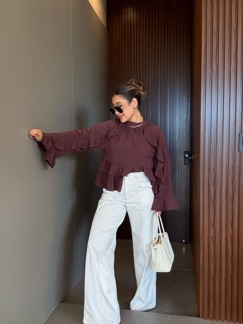 BLUSA MILENA BABADOS MARROM