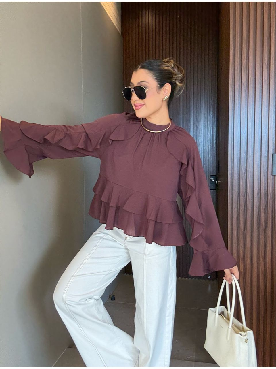 BLUSA MILENA BABADOS MARROM