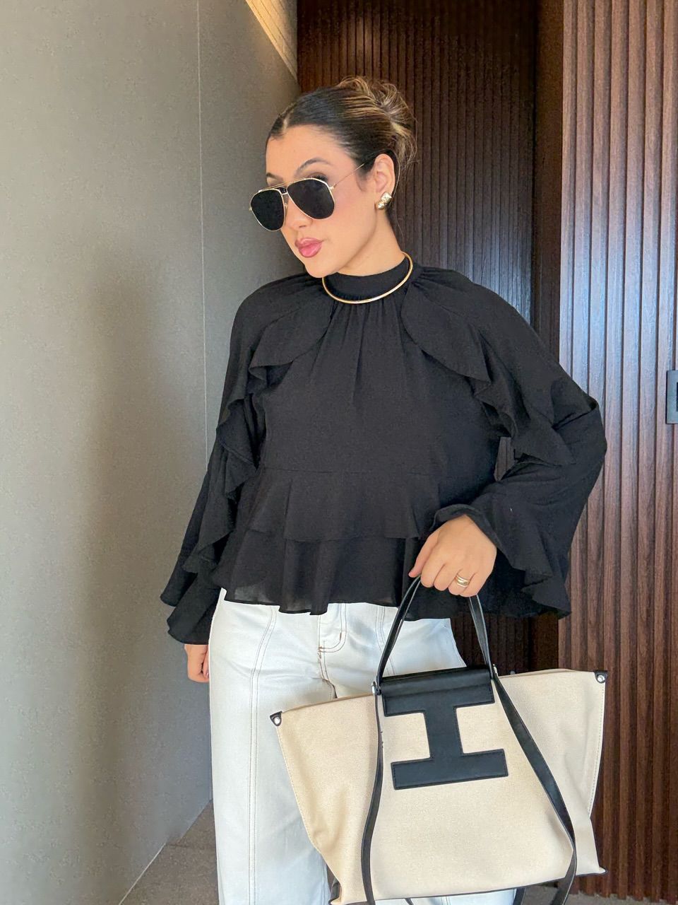 BLUSA MILENA BABADOS Preta - 0065790033 - CAROLLA FERRARO