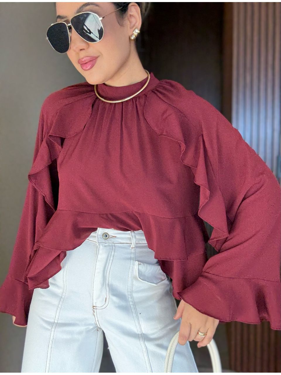 BLUSA MILENA BABADOS VINHO - 0065790168 - CAROLLA FERRARO