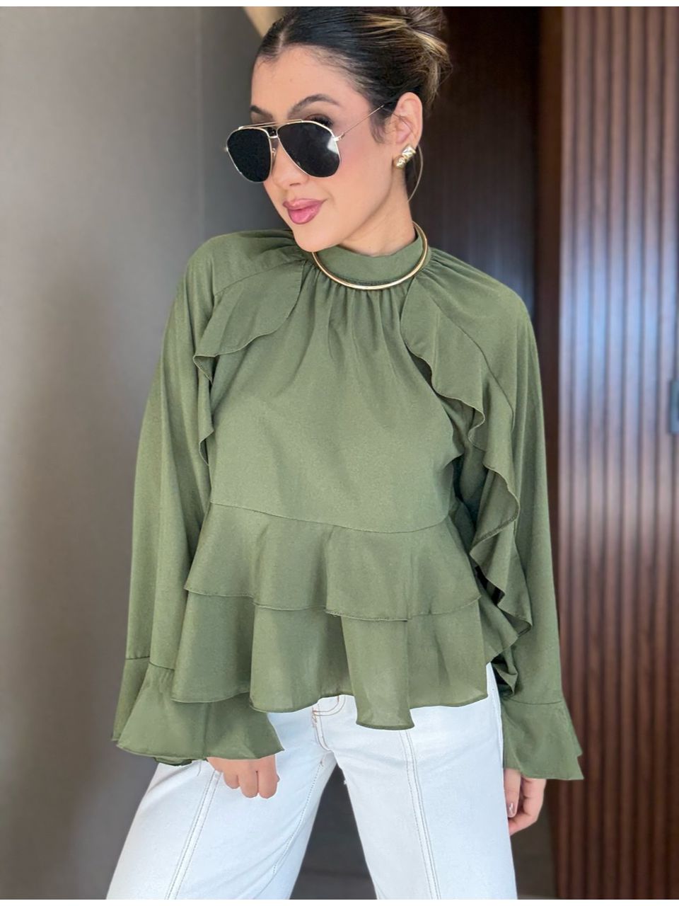 BLUSA MILENA BABADOS verde - 0065790014 - CAROLLA FERRARO