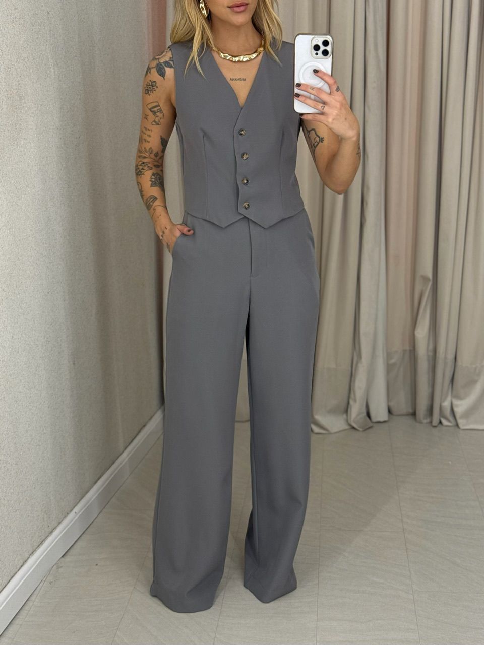 CONJUNTO VIRGÍNIA CALÇA CINZA ESCURO