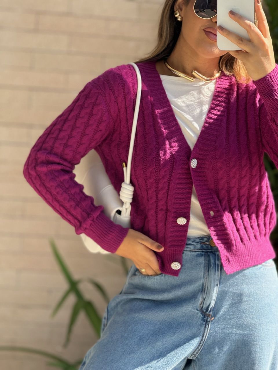 SUÉTER ROSE BOTÕES FUCSIA