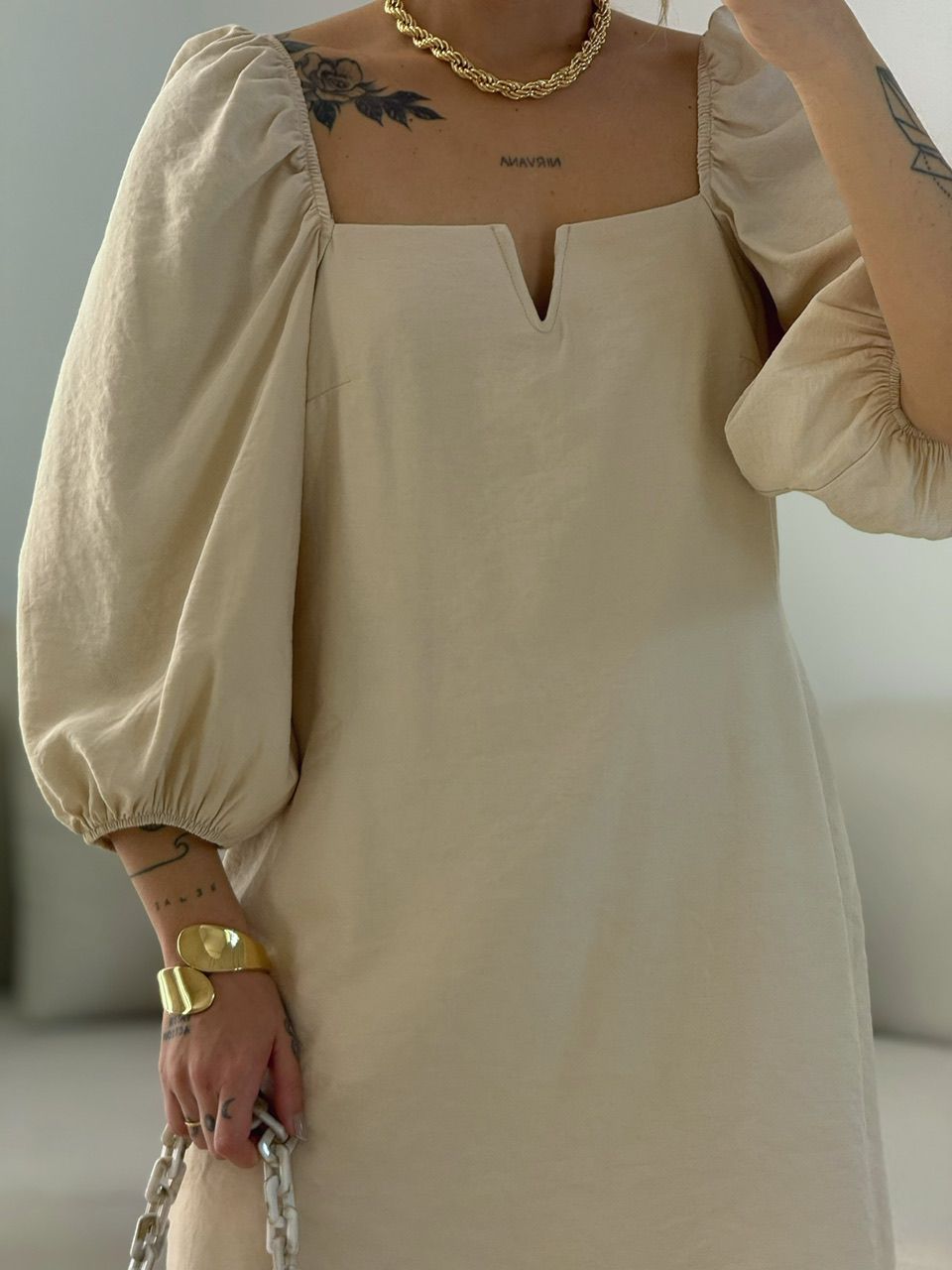 VESTIDO MARGARETE MANGA BUFANTE Areia
