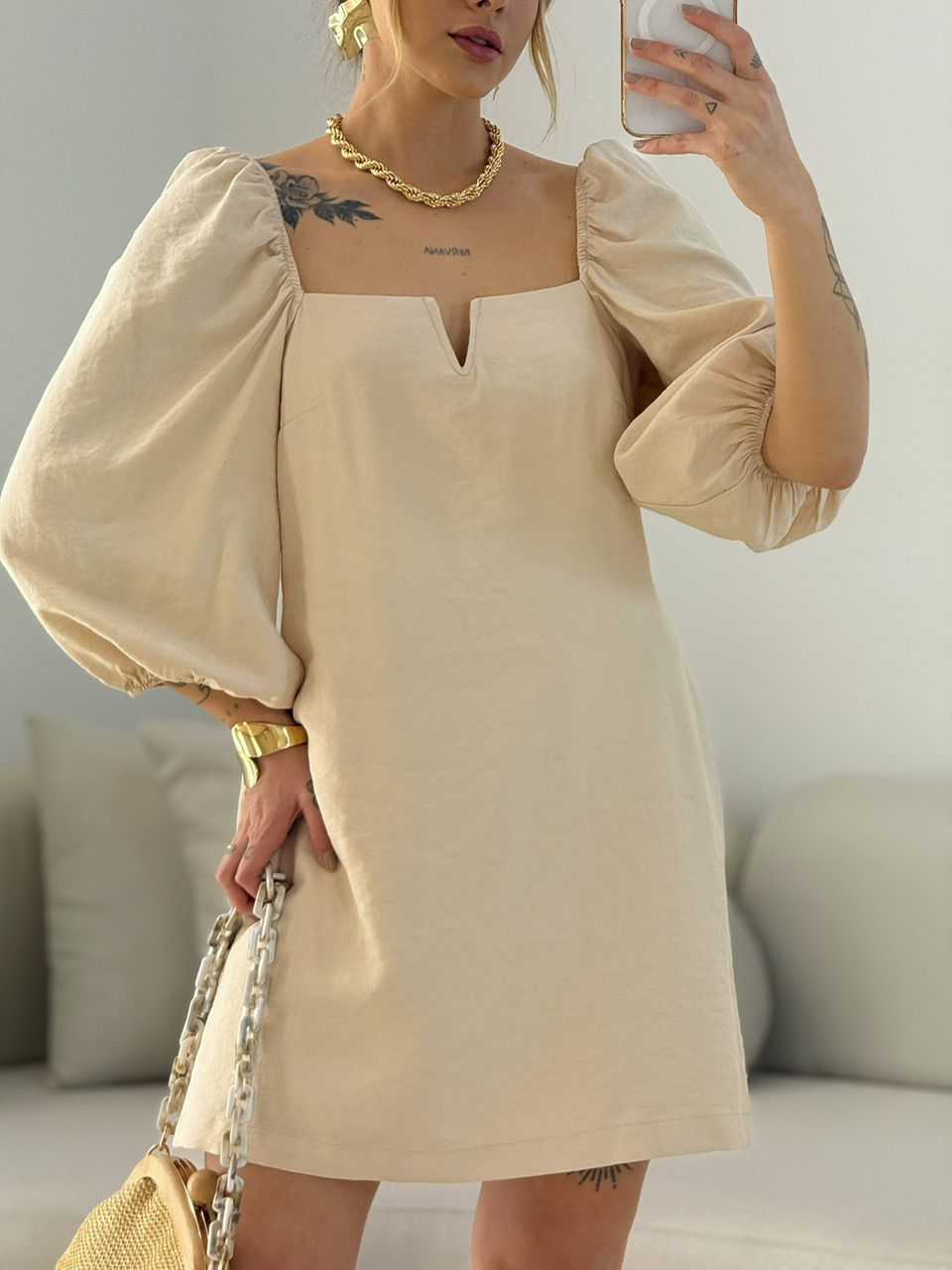 VESTIDO MARGARETE MANGA BUFANTE Areia