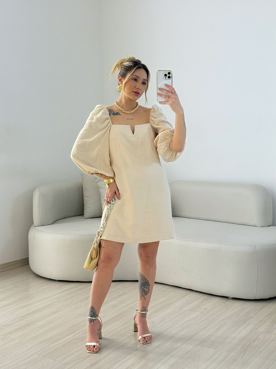 VESTIDO MARGARETE MANGA BUFANTE Areia
