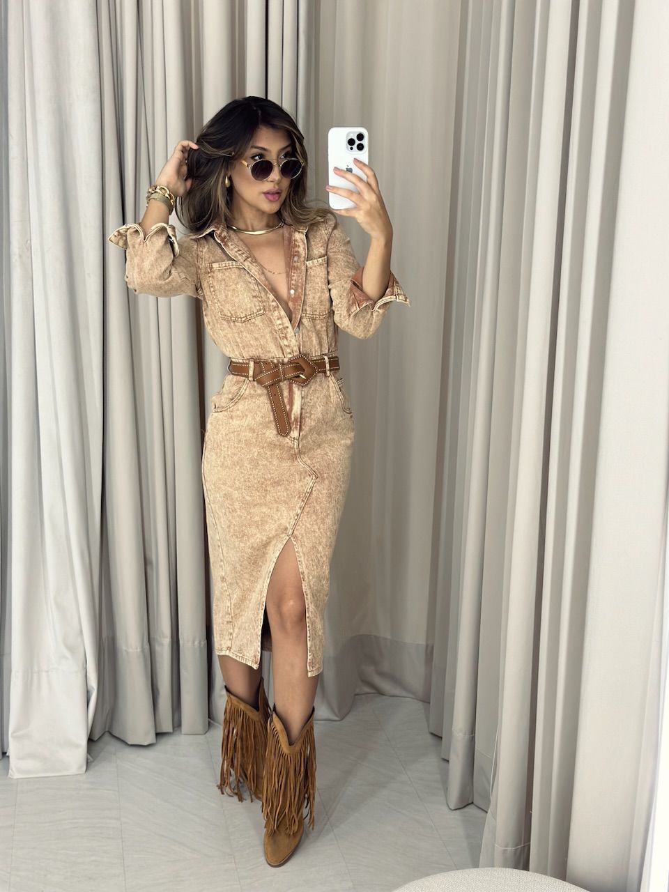 VESTIDO MIDI JEANS NUDE