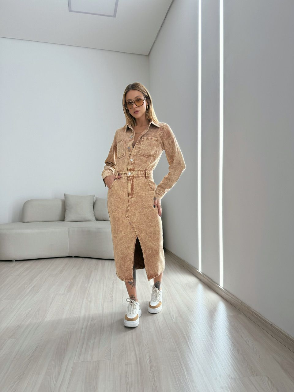 VESTIDO MIDI JEANS NUDE