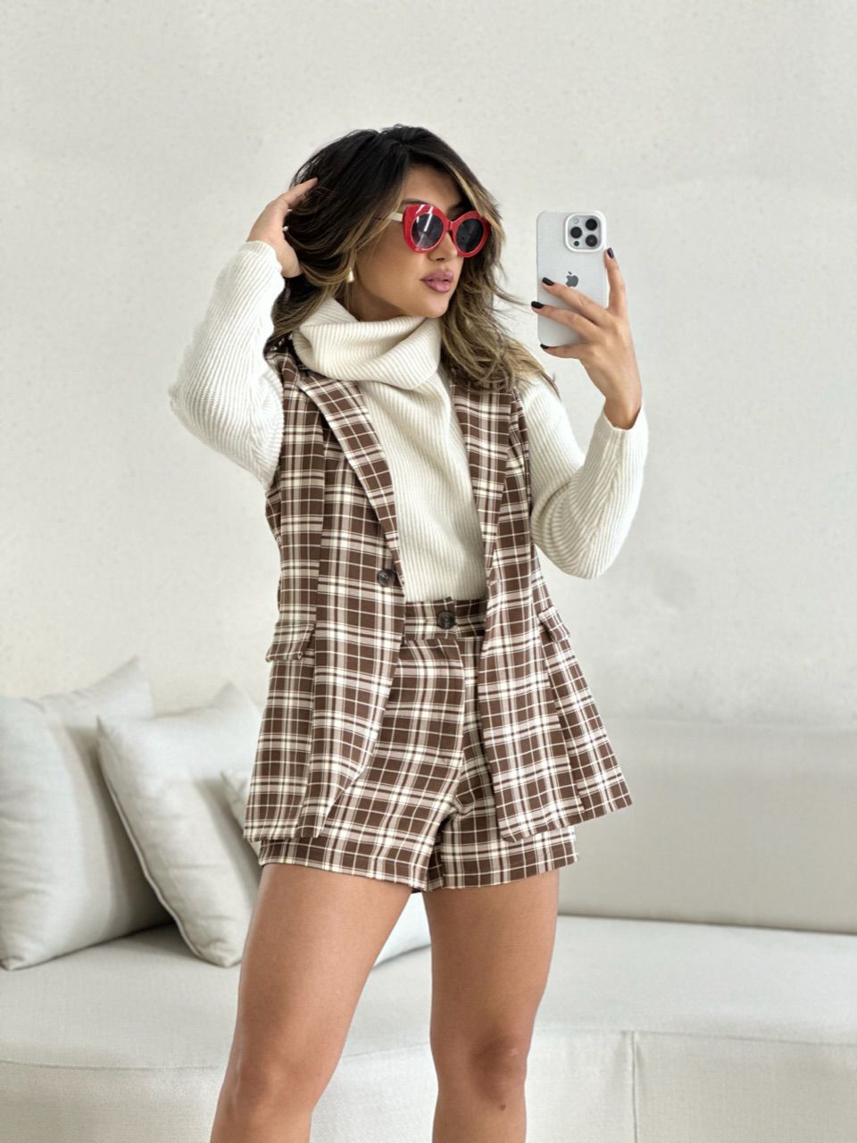 CONJUNTO CLARISSE XADREZ MARROM - 0053040054 - CAROLLA FERRARO