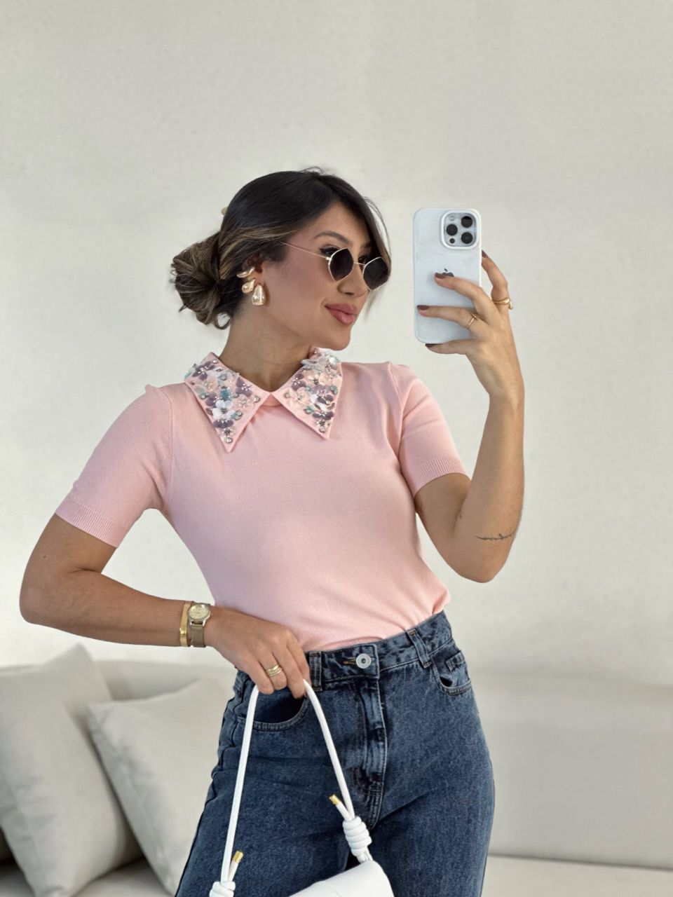 BLUSA MAIA GOLA BORDADA BABY PINK - 0055320366 - CAROLLA FERRARO