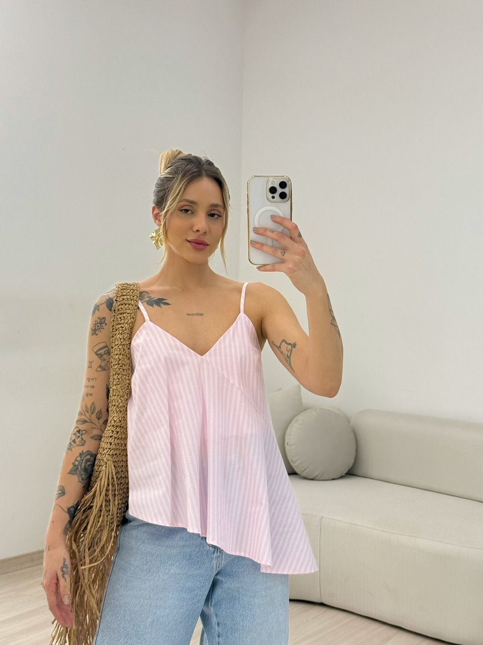 BLUSA MAJU LISTRADA ALÇA ROSA - 0067510031 - CAROLLA FERRARO