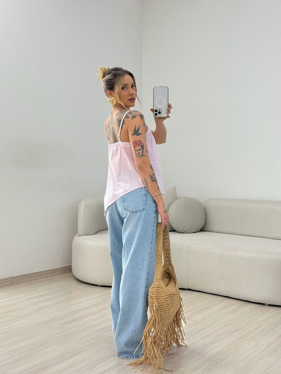 BLUSA MAJU LISTRADA ALÇA ROSA