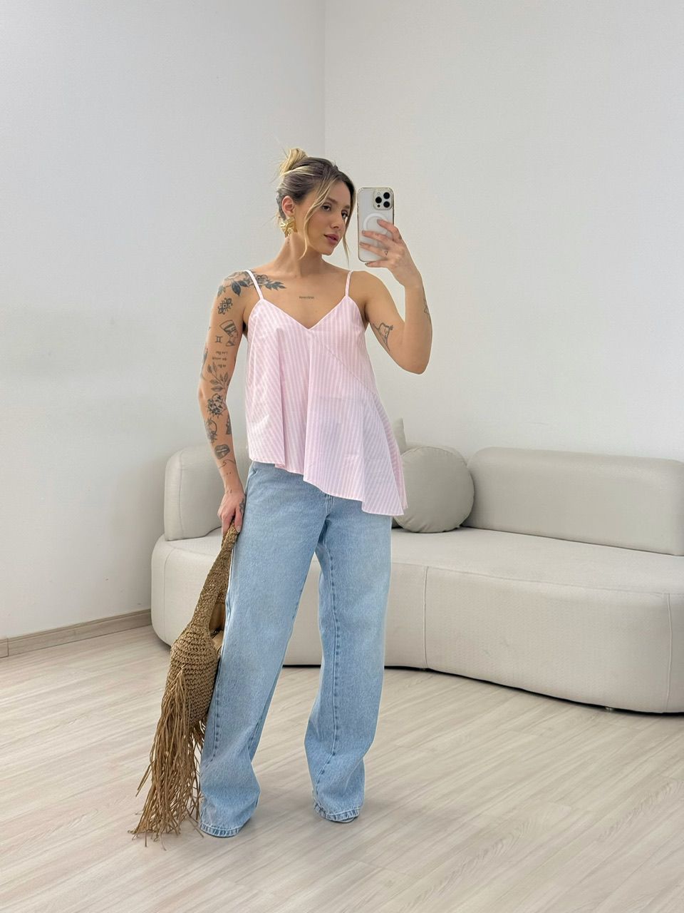 BLUSA MAJU LISTRADA ALÇA ROSA
