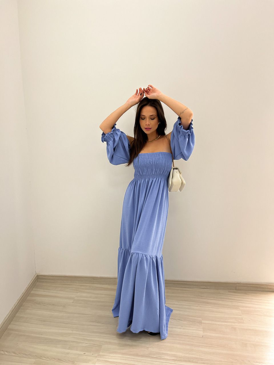 VESTIDO ZOE LONGO LASTEX AZUL - 0043950109 - CAROLLA FERRARO