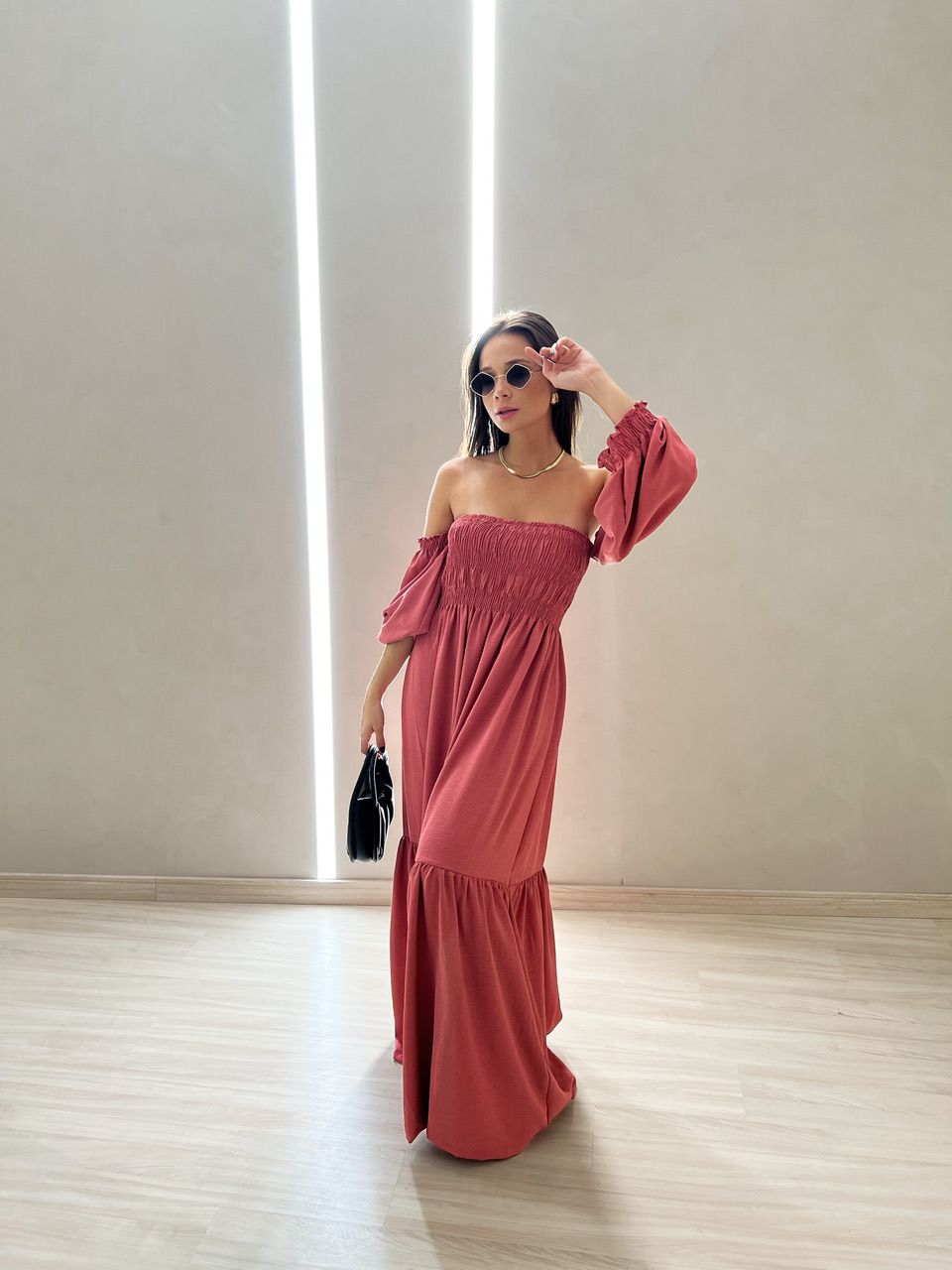 VESTIDO ZOE LONGO LASTEX GOIABA