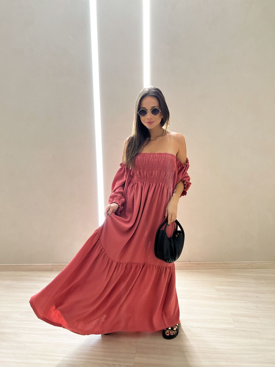 VESTIDO ZOE LONGO LASTEX GOIABA