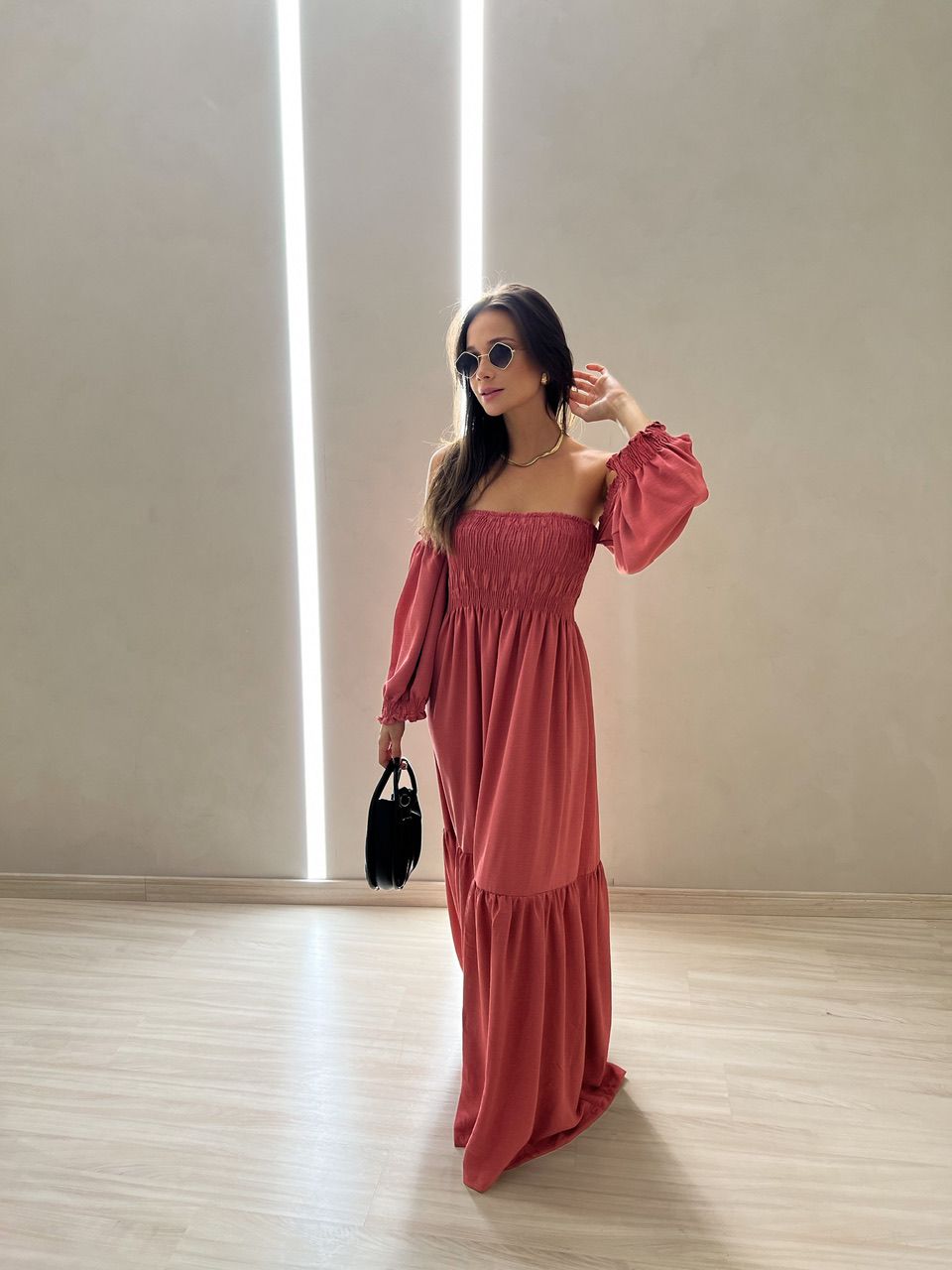 VESTIDO ZOE LONGO LASTEX GOIABA
