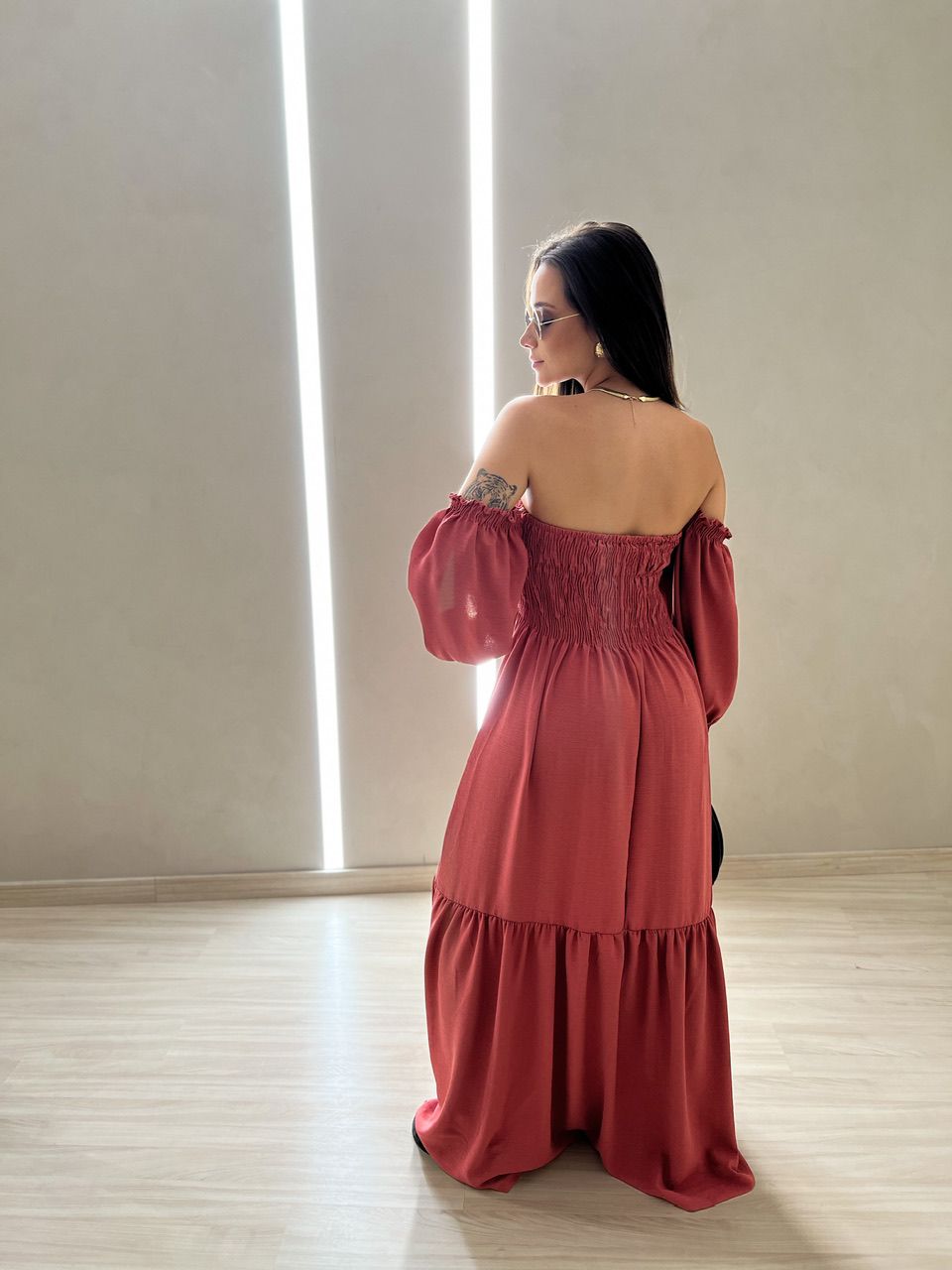 VESTIDO ZOE LONGO LASTEX GOIABA