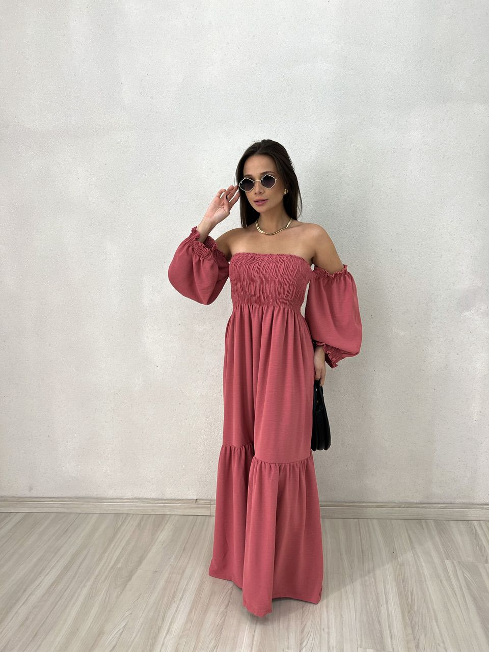 VESTIDO ZOE LONGO LASTEX GOIABA