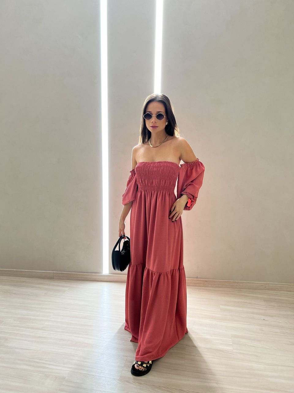 VESTIDO ZOE LONGO LASTEX GOIABA