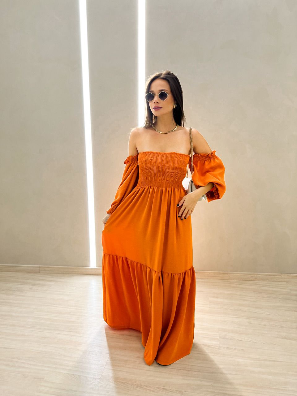 VESTIDO ZOE LONGO LASTEX LARANJA - 0043950068 - CAROLLA FERRARO