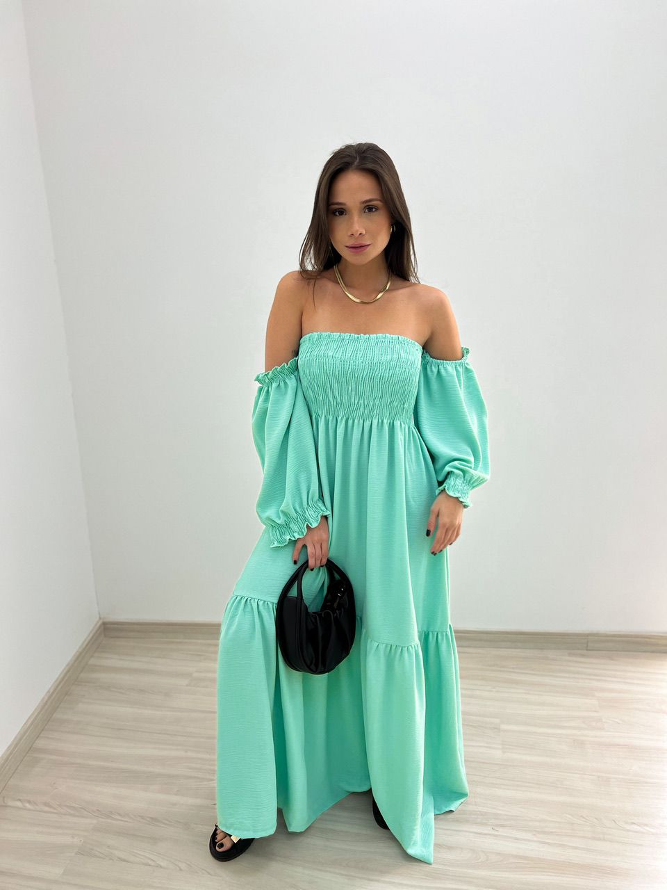 VESTIDO ZOE LONGO LASTEX VERDE ÁGUA