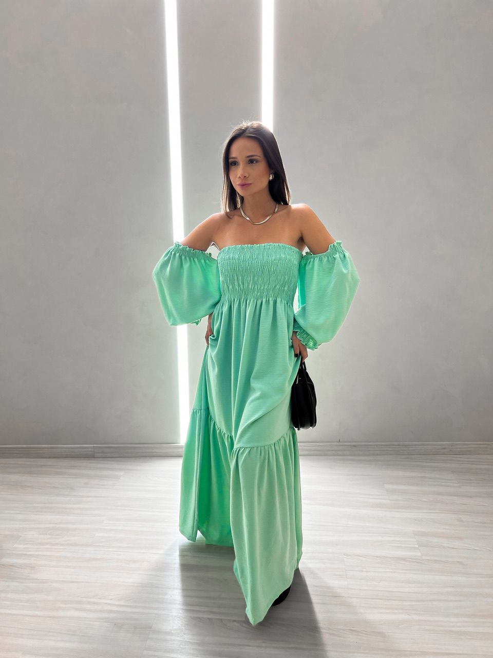 VESTIDO ZOE LONGO LASTEX VERDE ÁGUA - 0043950121 - CAROLLA FERRARO