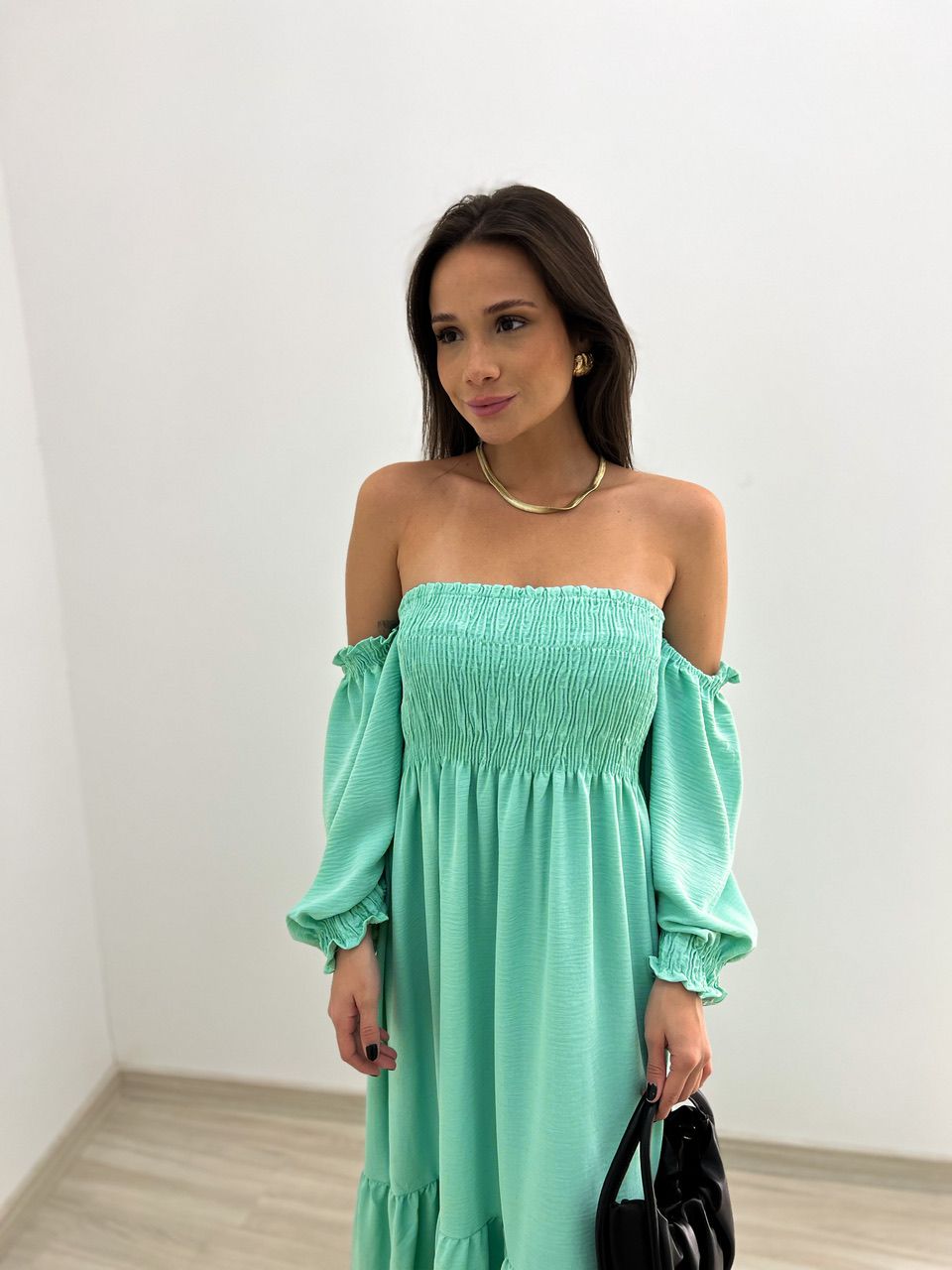 VESTIDO ZOE LONGO LASTEX VERDE ÁGUA