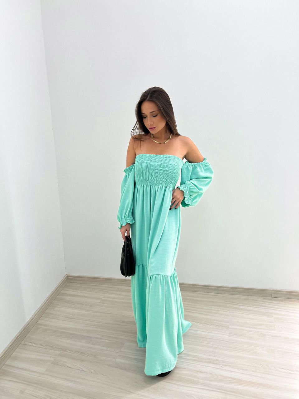 VESTIDO ZOE LONGO LASTEX VERDE ÁGUA
