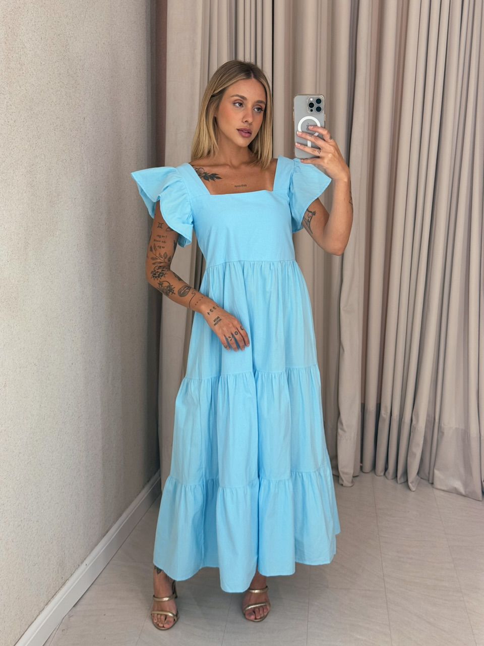 VESTIDO VILMA babados BABY BLUE - 0057980365 - CAROLLA FERRARO
