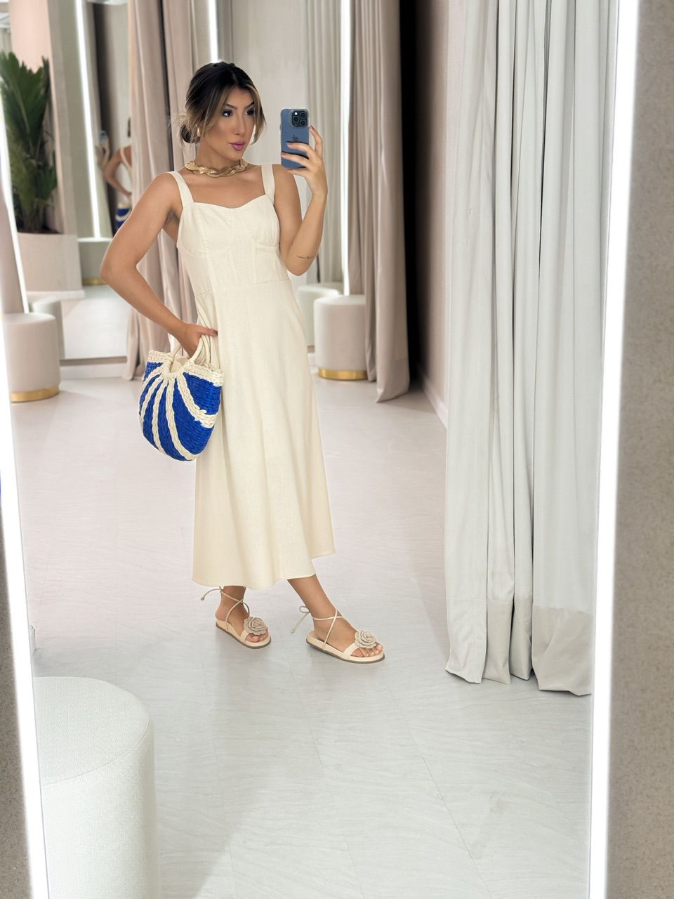 VESTIDO LINHO MIDI MEIA TAÇA MARFIM