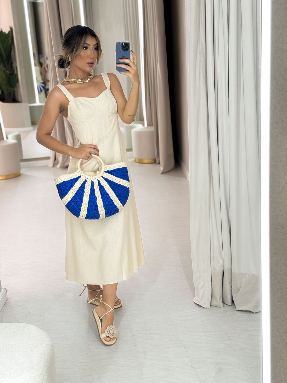 VESTIDO LINHO MIDI MEIA TAÇA MARFIM