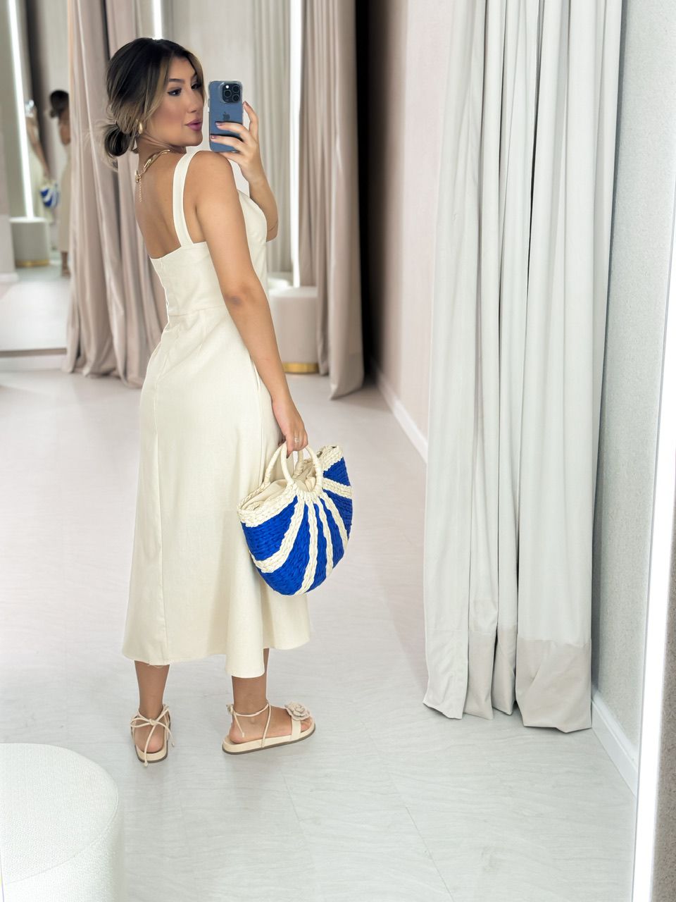 VESTIDO LINHO MIDI MEIA TAÇA MARFIM