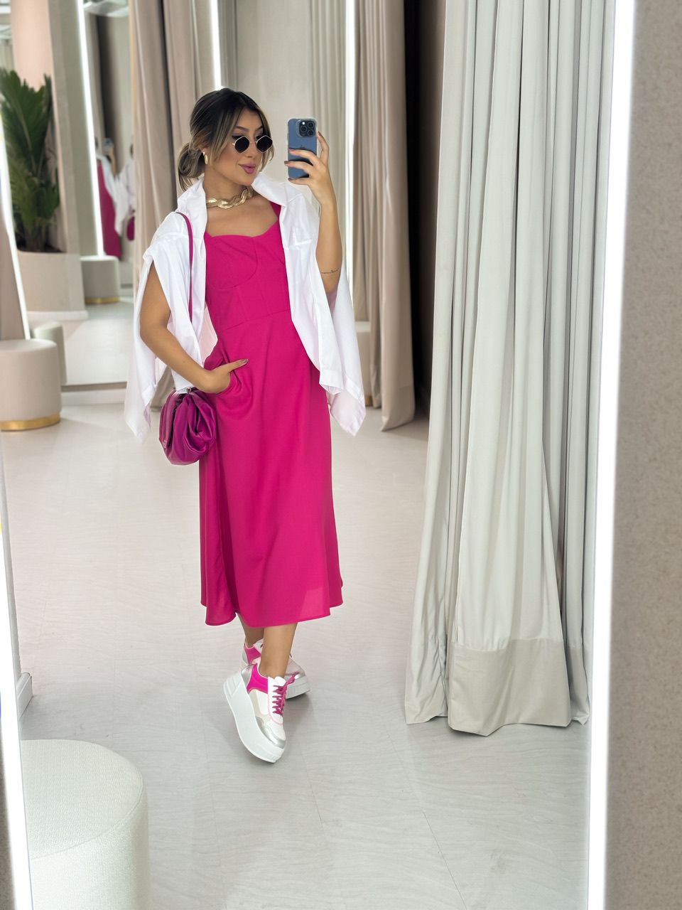 VESTIDO LINHO MIDI MEIA TAÇA ROSA