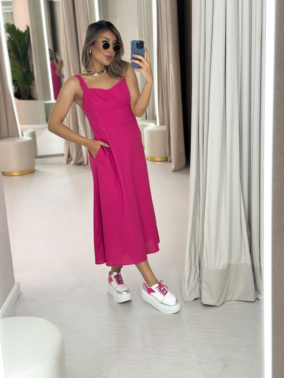 VESTIDO LINHO MIDI MEIA TAÇA ROSA - 0047220031 - CAROLLA FERRARO