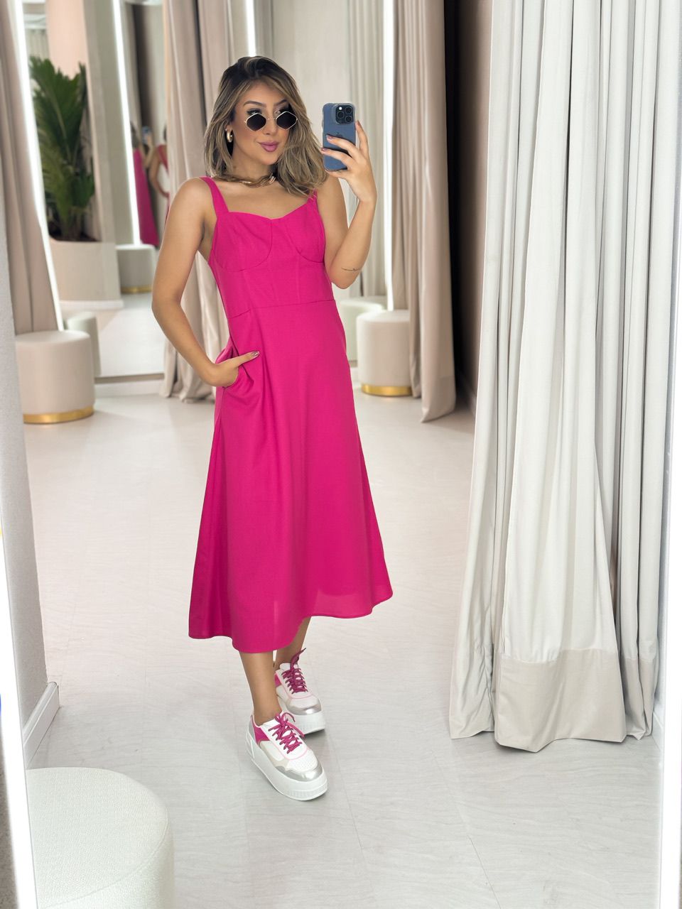 VESTIDO LINHO MIDI MEIA TAÇA ROSA