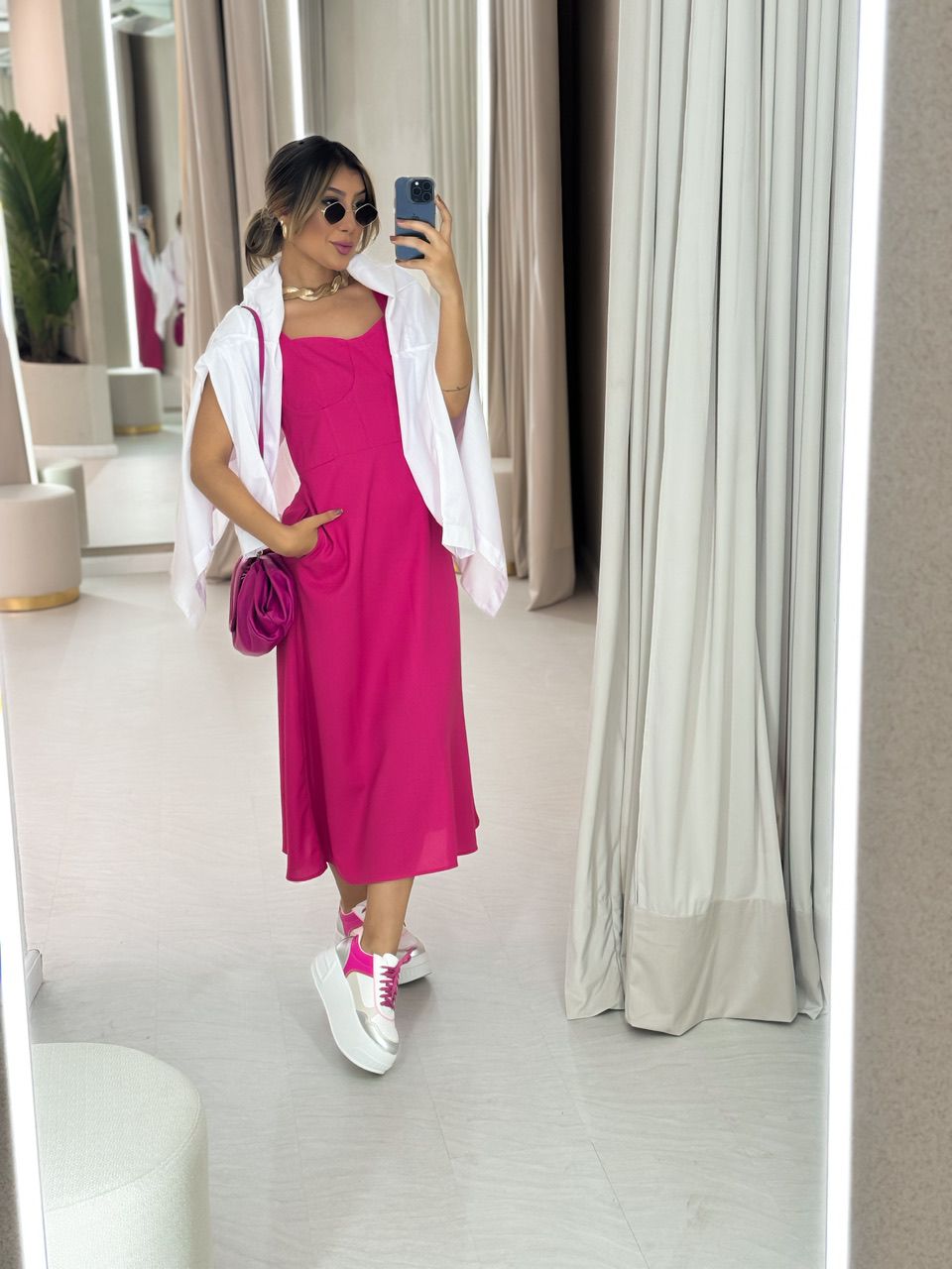 VESTIDO LINHO MIDI MEIA TAÇA ROSA