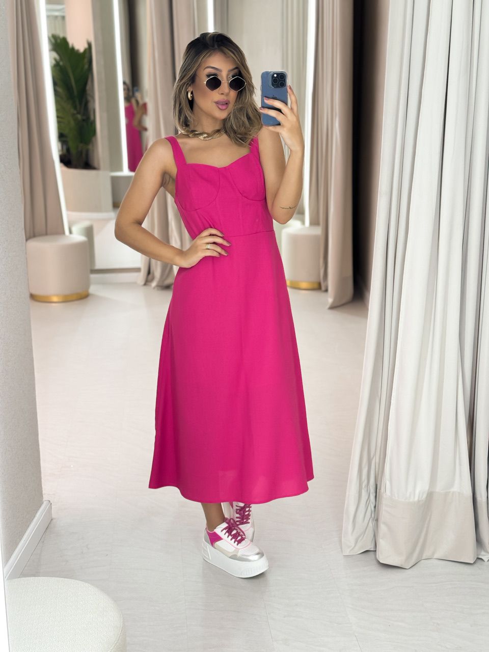 VESTIDO LINHO MIDI MEIA TAÇA ROSA